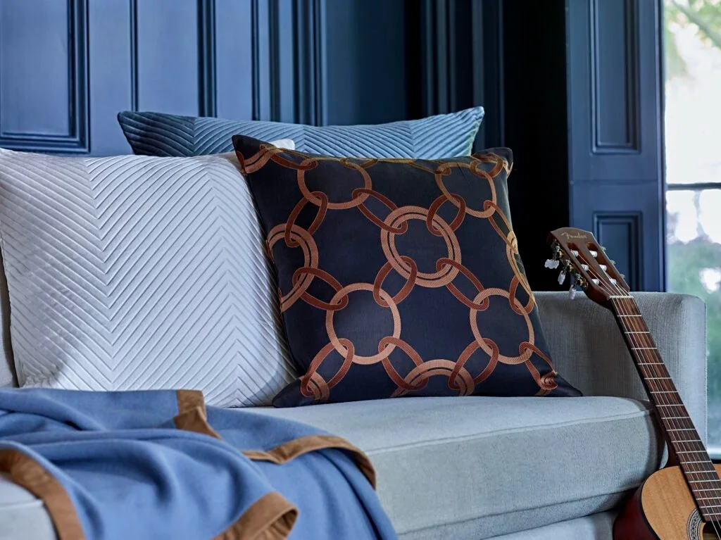 Frette Luxury Bedding Linens Chains Herringbone Cashmere Suede Azure 3, Design Authority