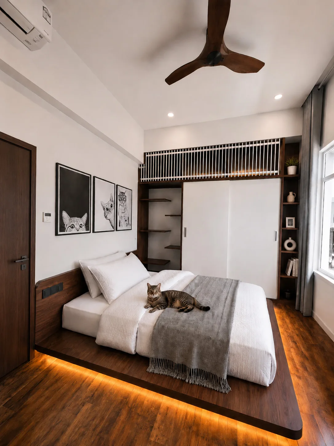 J Concept Designers &mdash; bedroom with cat on platform bed, cat portraits on wall and elevated trellis tunnel