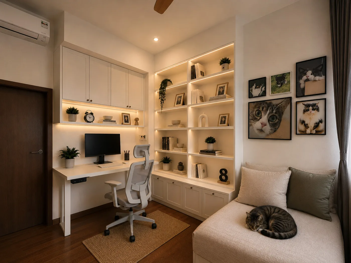 J Concept Designers &mdash; study and lounge room with cat, cat-art gallery wall and illuminated shelving