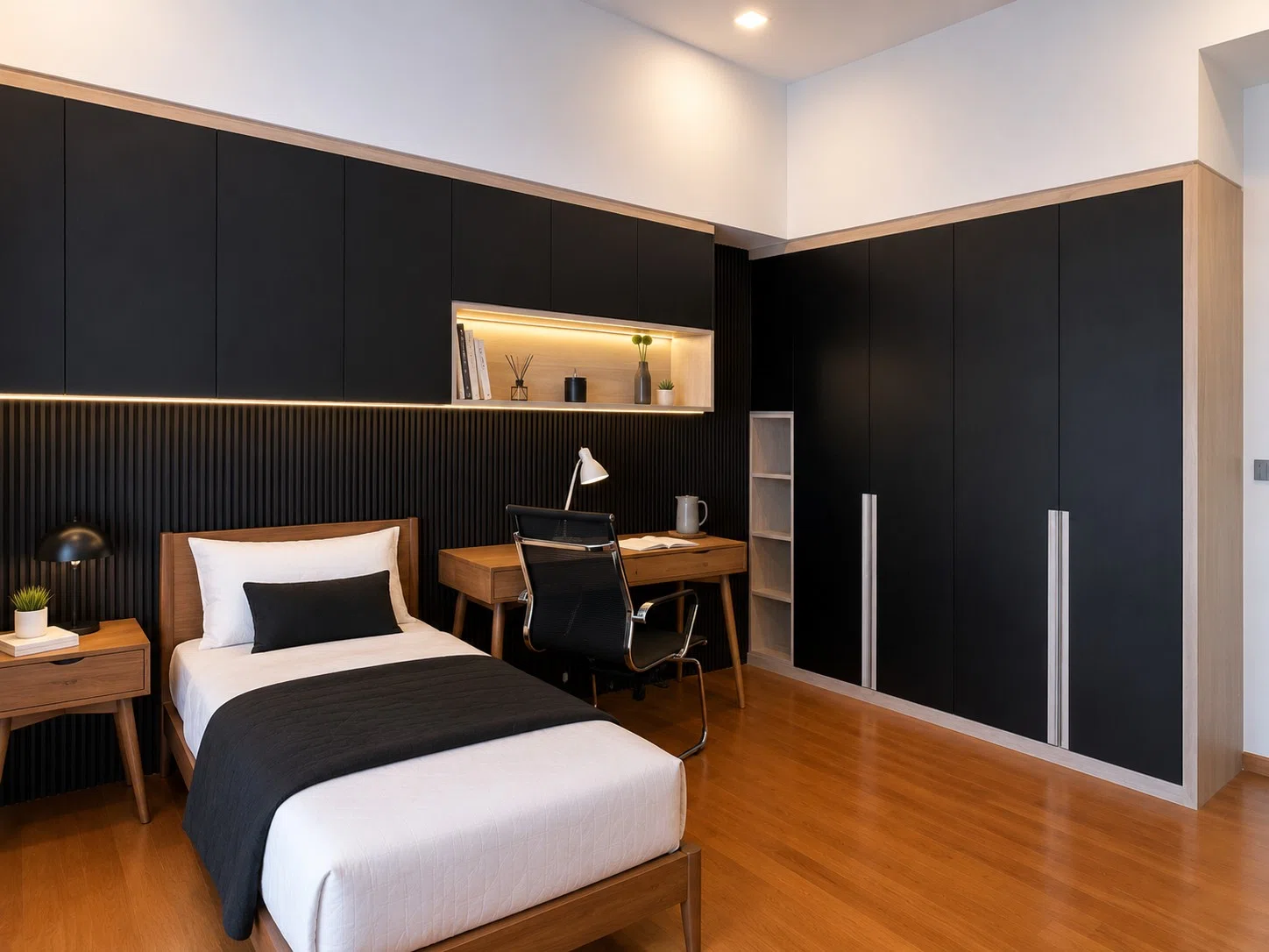 J Concept Designers &mdash; bedroom study with dark full-height cabinetry, fluted wall detailing and illuminated display niche