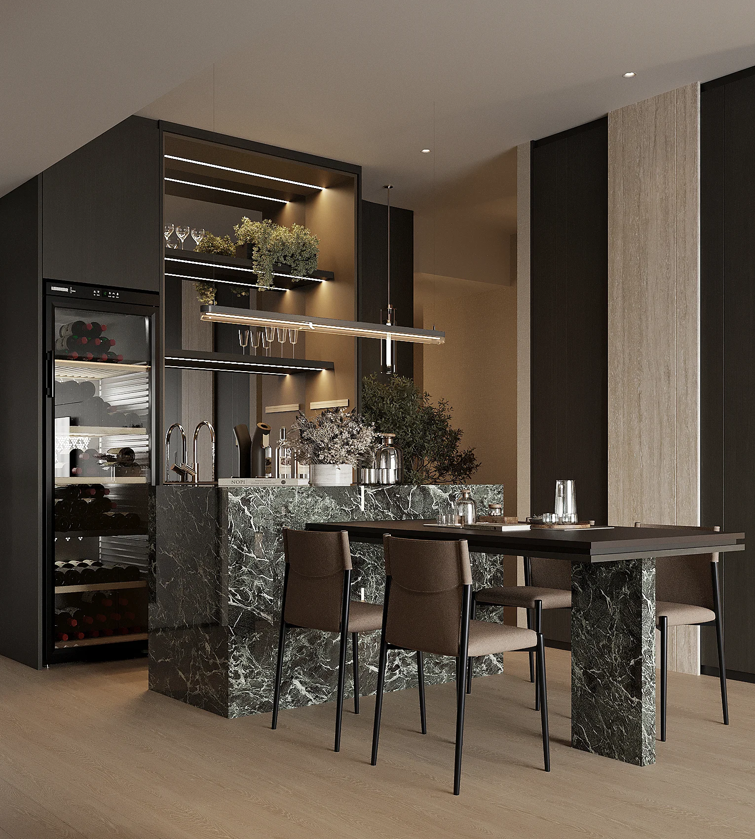 Verde Marble pantry island — dramatic green veining, dark joinery, integrated wine fridge and pendant lighting