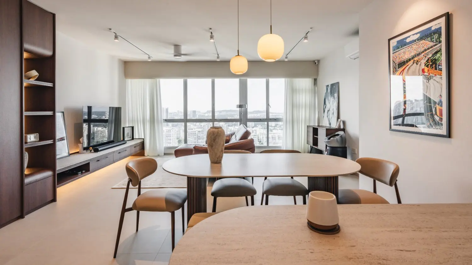 Dining room looking across the living area towards the full-height windows